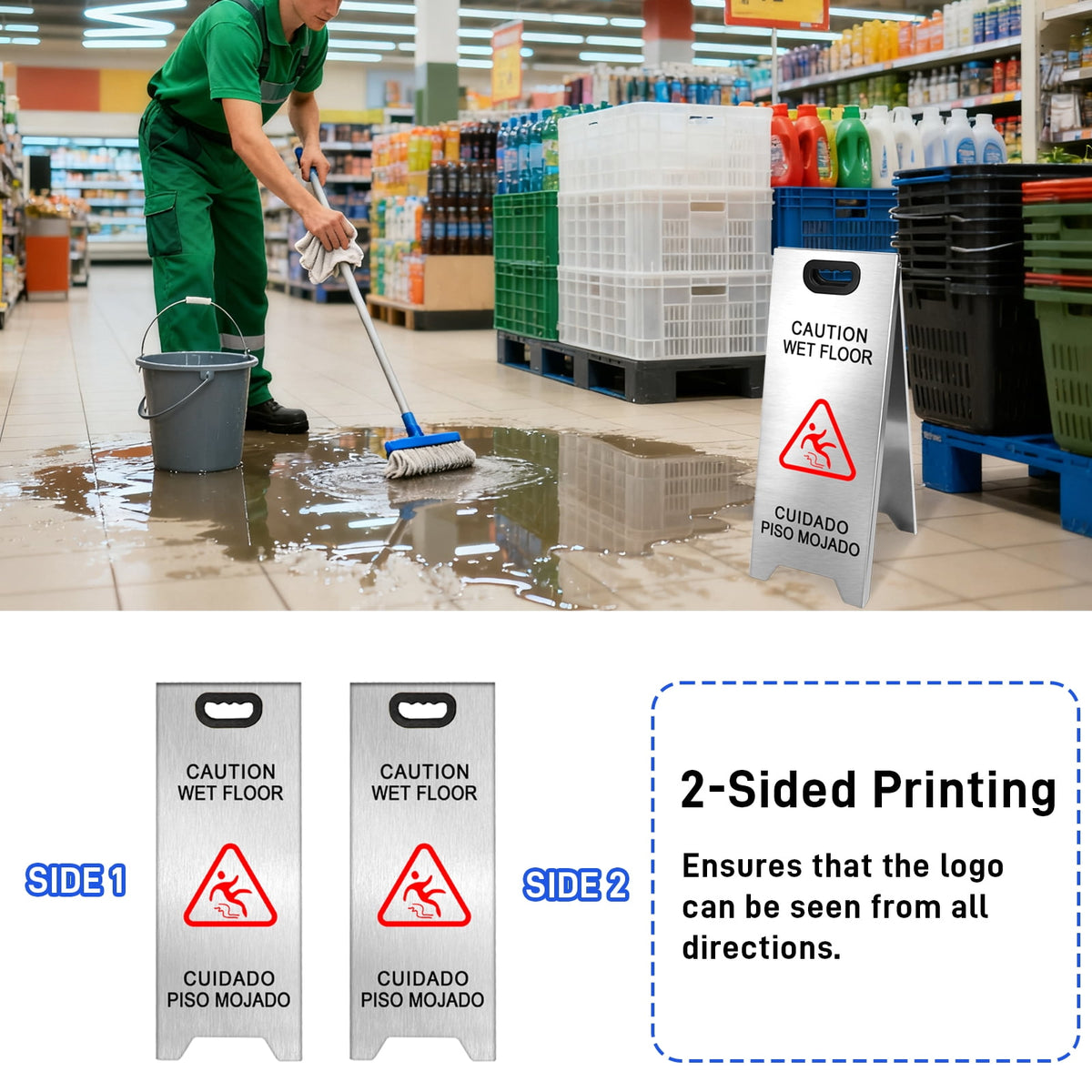 2 Pack Stainless Steel Wet Floor Sign, 24 Inch Caution Wet Floor Sign Portable Foldable Bilingual Safety Warning for Hotel Market Restroom Restaurant Office (Silver)
