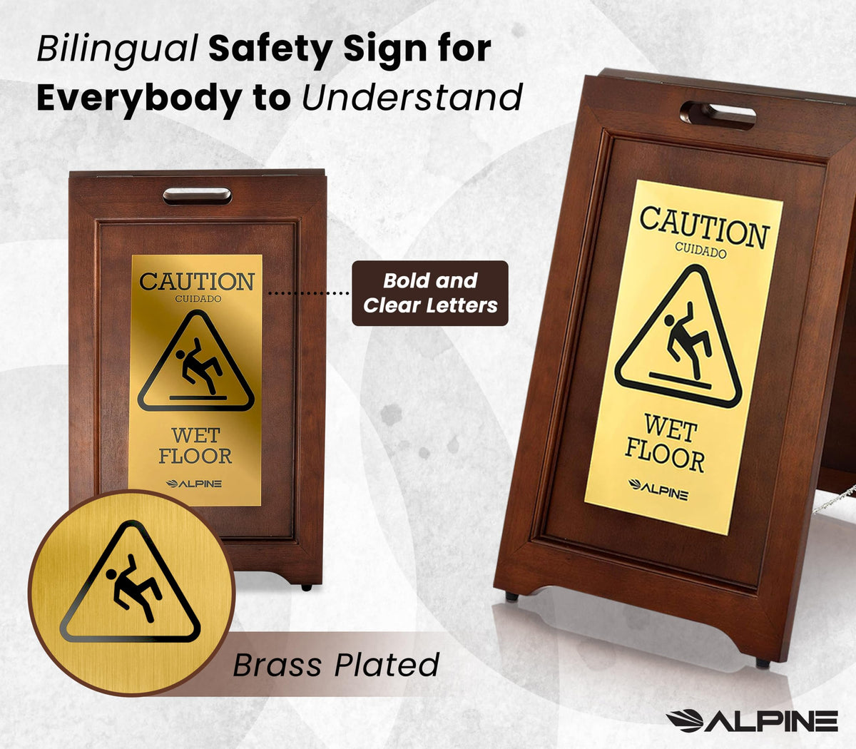Alpine 2-Sided Wooden Brass Plated Wet Floor Sign - A-Frame Warning Notice - Double Sided Fold Out Bilingual Floor Safety Alert Ideal for High End Commercial Use