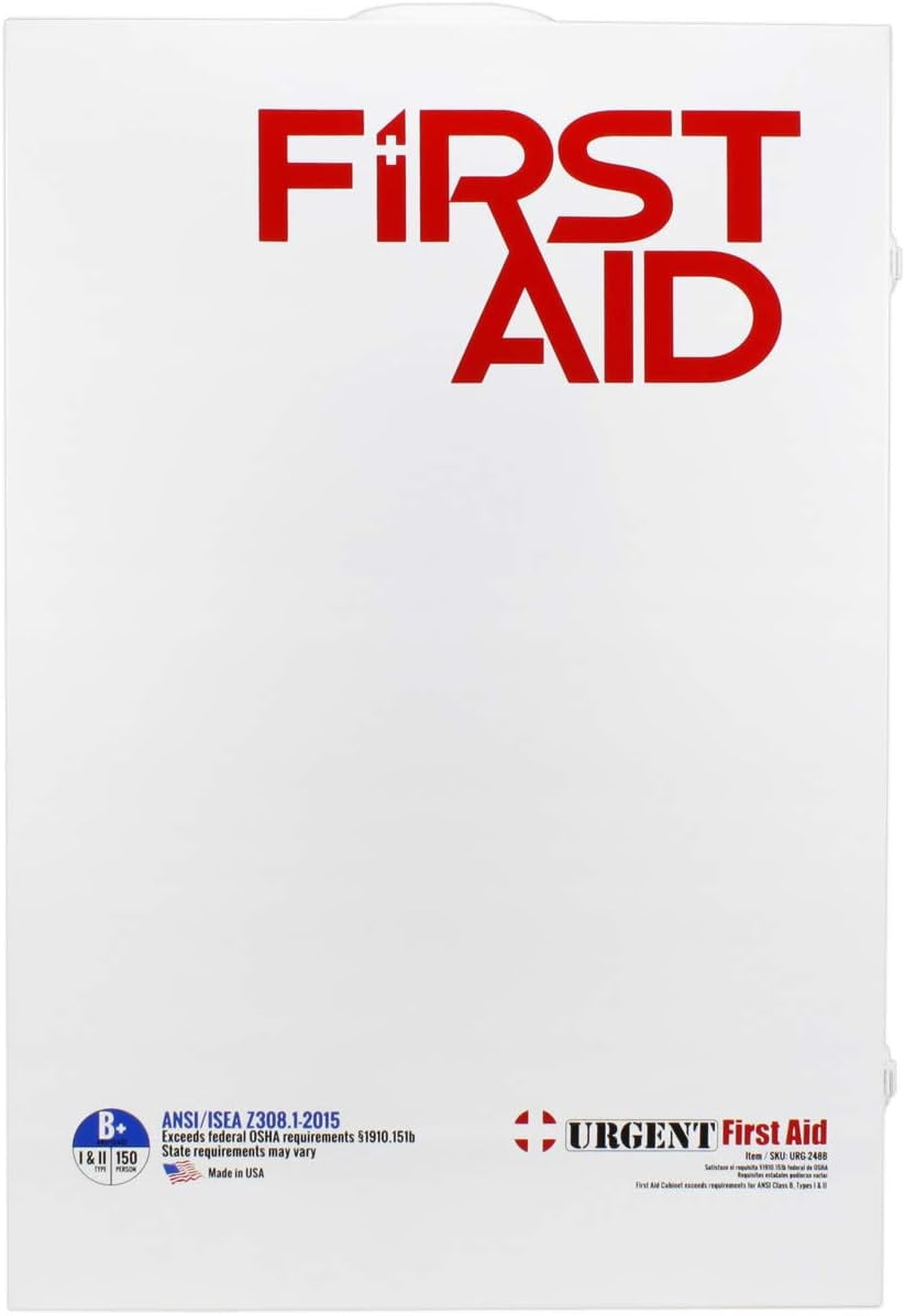 OSHA & ANSI 4 Shelf Industrial First Aid Cabinet with Pocket Liner, 150 Person, 1125 Pieces, 2015 Class B+, Types I & II, Made in USA by Urgent First Aid™ with extra content & NEW ANSI First Aid Guide