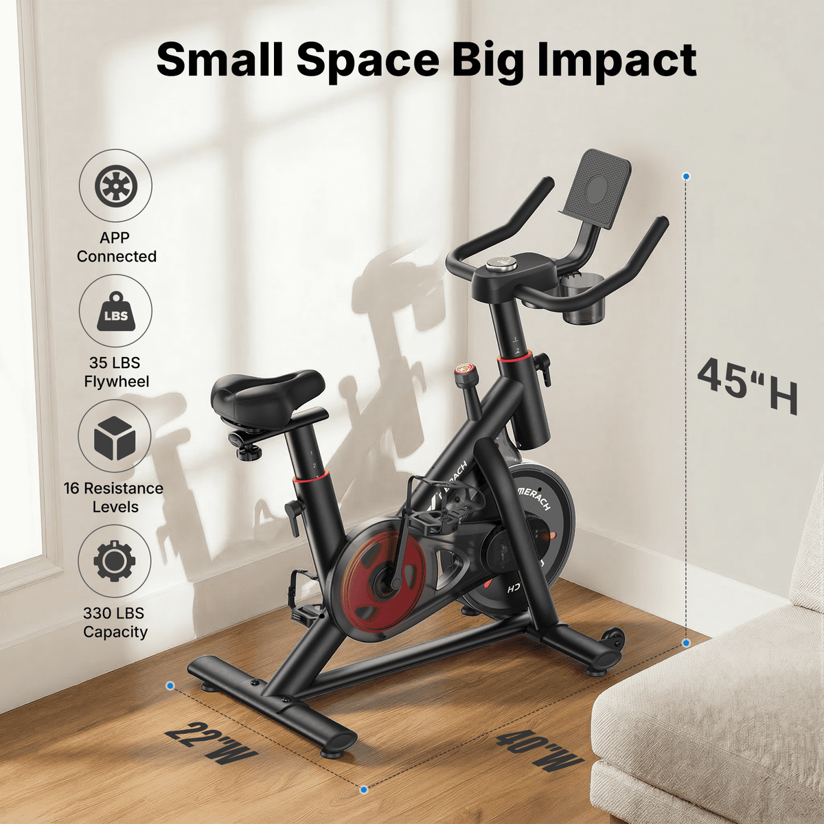 MERACH Stationary Exercise bike with Exclusive Free APP, Indoor Cycling Bicycle with 330lbs Weight Capacity, Silent Belt Drive and Comfortable Seat Cushion for Home Cardio Workout 35 Lbs Flywheel