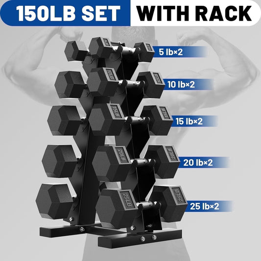 ROALW 150lb Hex Dumbbell Set with Heavy Duty Rack, Rubber Coated Weight Set for Home Gym Strength Training