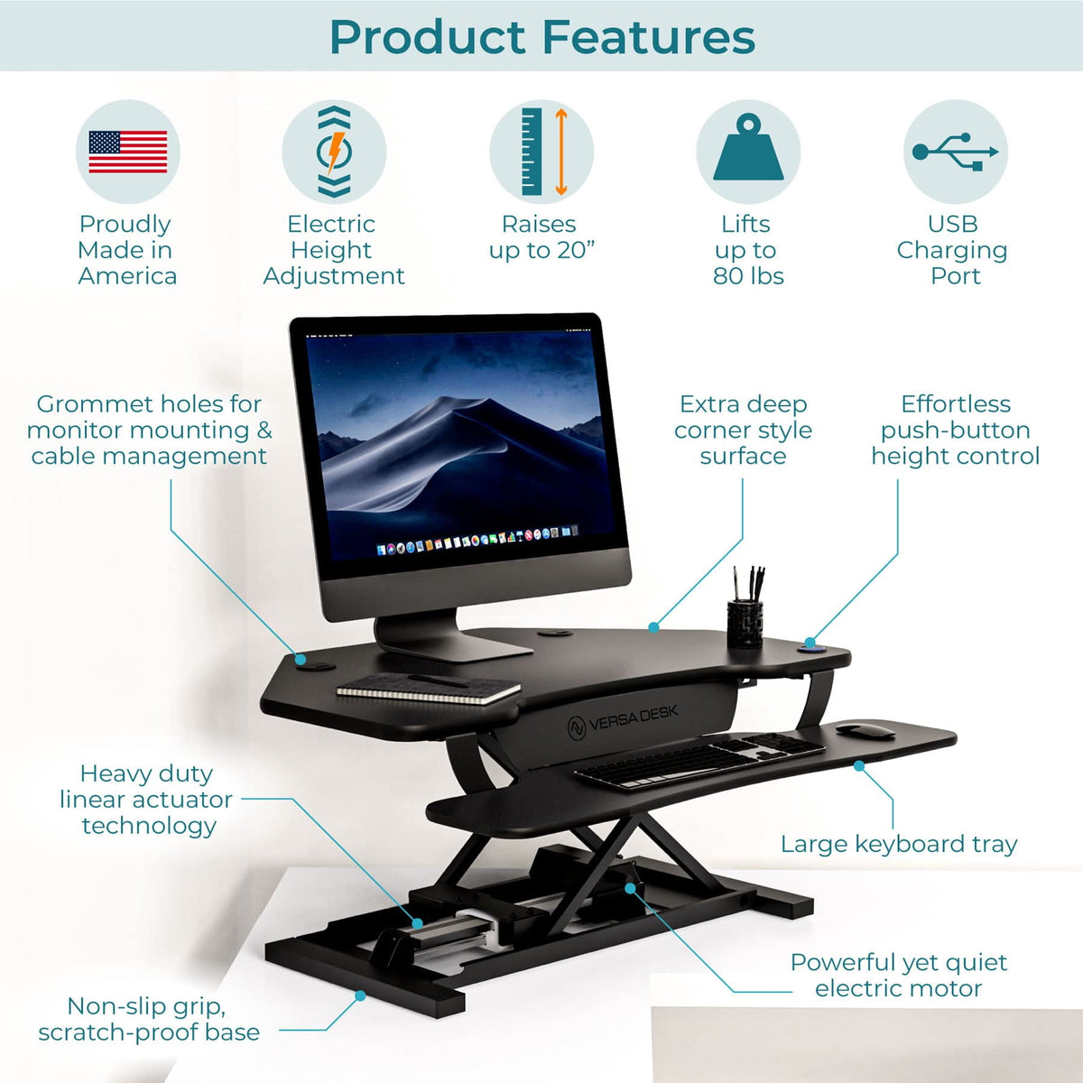 VersaDesk PowerPro Smart Corner Electric Standing Desk Converter - Steel & MDF, 2-Tier Sit-Stand, Programmable Height | Black, 36