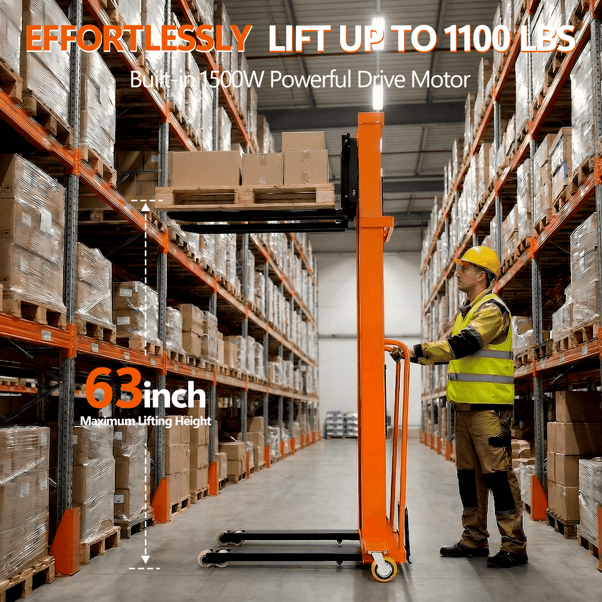 Vakiorn 1100 Lbs Electric Manual Pallet Stacker 63" Lift Height 1500W Powered Walkie Stacker with 48V 10Ah Battery Manual Hand Forklift Pallet Truck for Warehouse Logistics Workshop