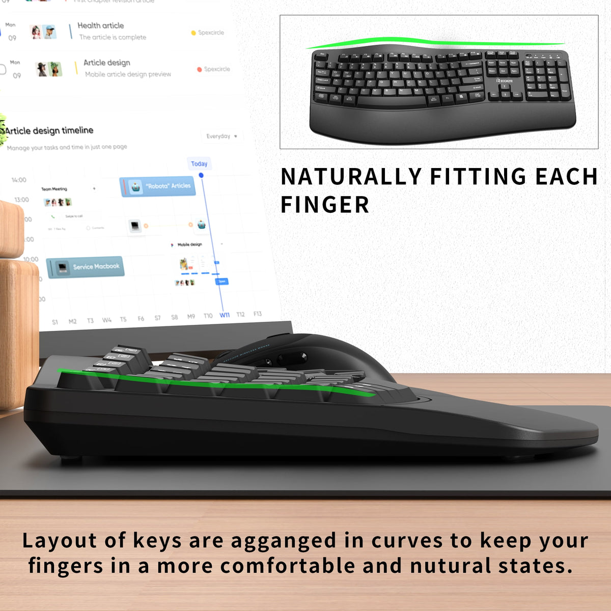 RECCAZR Advanced Combo Wireless Keyboard and Mouse, Wave Keys Ergonomic Keyboard with Wrist Rest and 3-Level DPI Adjustable Wireless Ergonomic Mouse for Windows, Mac OS Desktop/Laptop/PC(Black)
