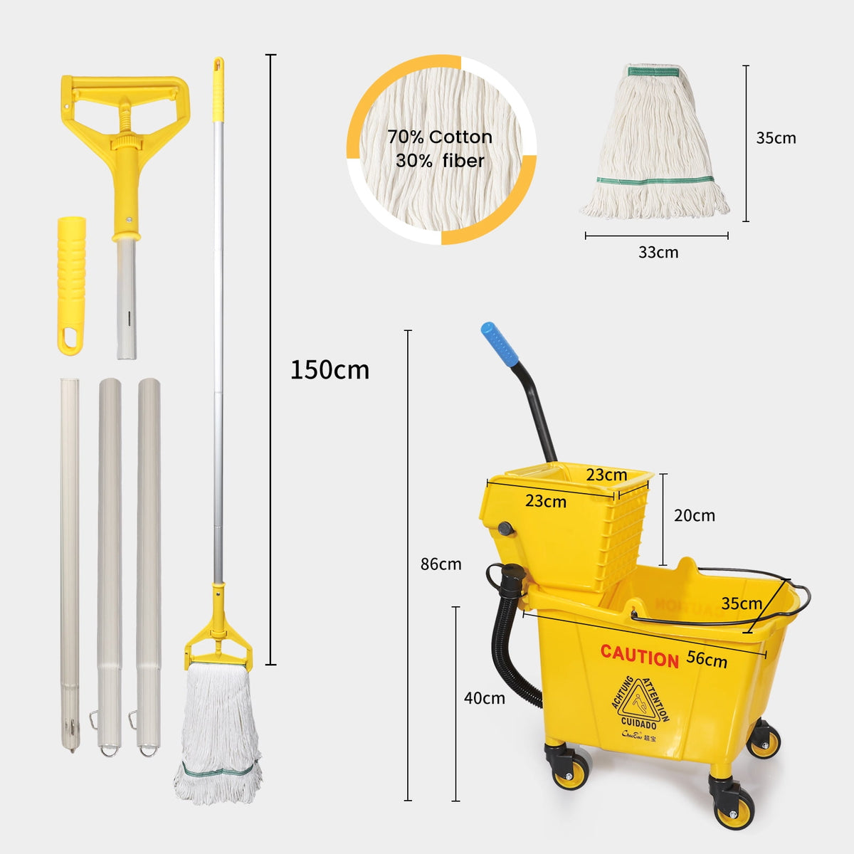 35-Qt Commercial Mop Bucket with Side Press Wringer Floor Cleaning Rectangular Mop Bucket on Wheels, Yellow, Including Mop and Mop Head Replacement