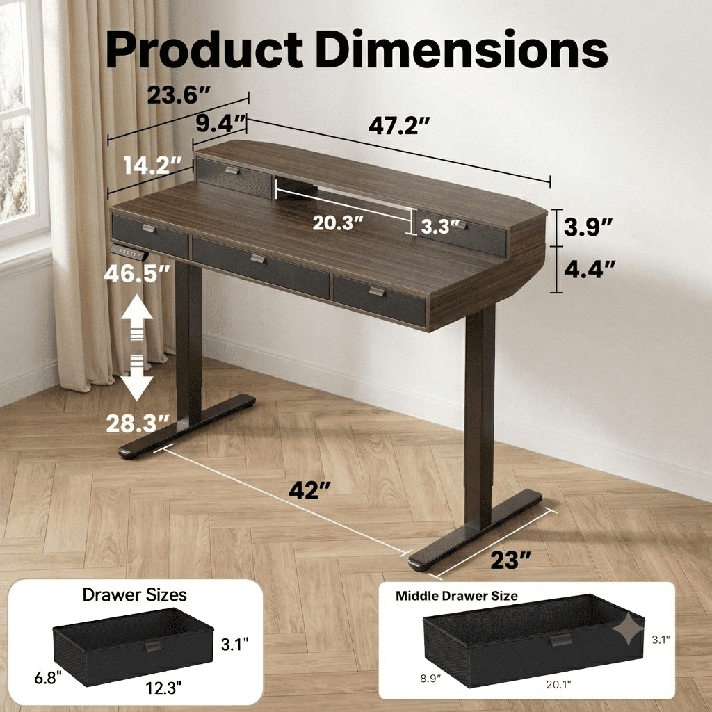 Electric Standing Desk with 5 Drawers, Monitor-Riser Design, 48" x 24" Height Adjustable Sit Stand Desk for Home Office, 4 Preset Pannel, Black