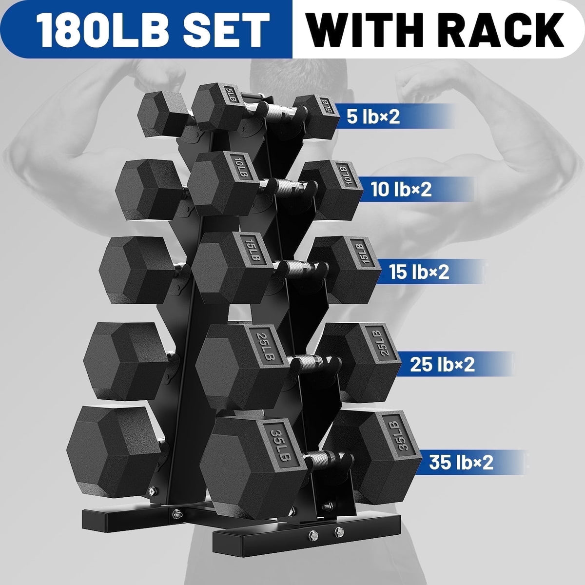 ROALW 150lb Hex Dumbbell Set with Heavy Duty Rack, Rubber Coated Weight Set for Home Gym Strength Training
