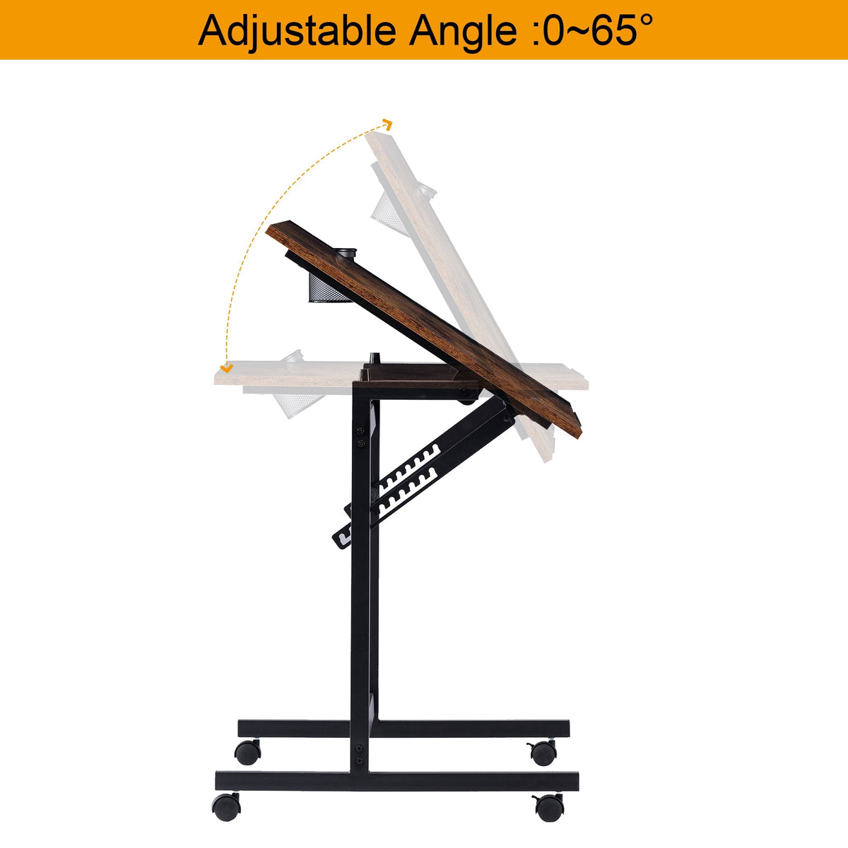 VECELO Drafting Table with Wheels, Adjustable Drawing Table Tiltable Painting Desk Workstation with Pencil Ledge for Artists, Brown