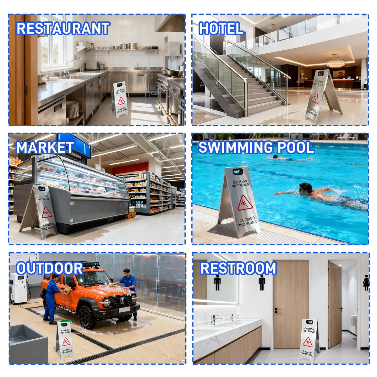 2 Pack Stainless Steel Wet Floor Sign, 24 Inch Caution Wet Floor Sign Portable Foldable Bilingual Safety Warning for Hotel Market Restroom Restaurant Office (Silver)
