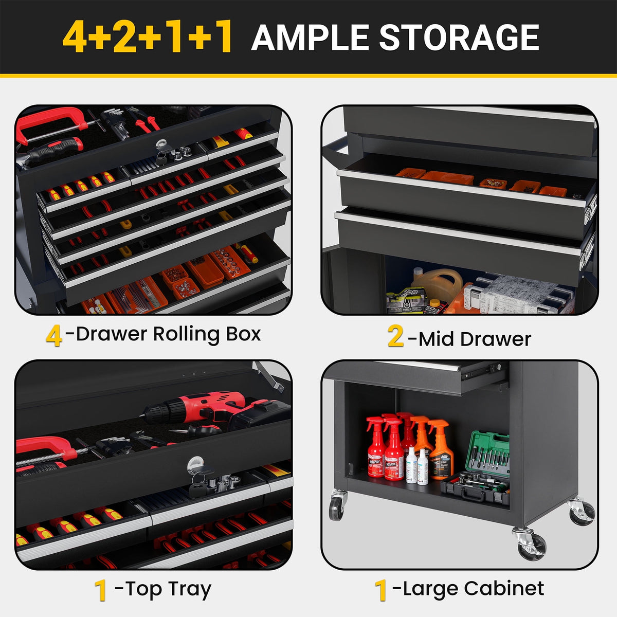 Seizeen 2-IN-1 Tool Chest & Cabinet, Large Capacity 8-Drawer Rolling Tool Box Organizer with Wheels Lockable, Black