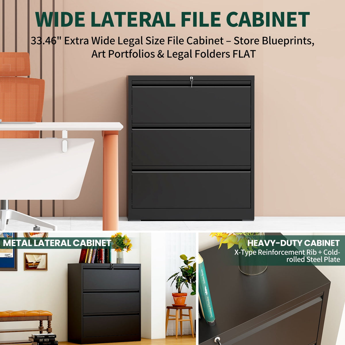 IKIMI 3-Drawer Lateral File Cabinet with Lock, 35.4" Wide Metal Filing Cabinet for Letter/Legal/A4 Files, Black