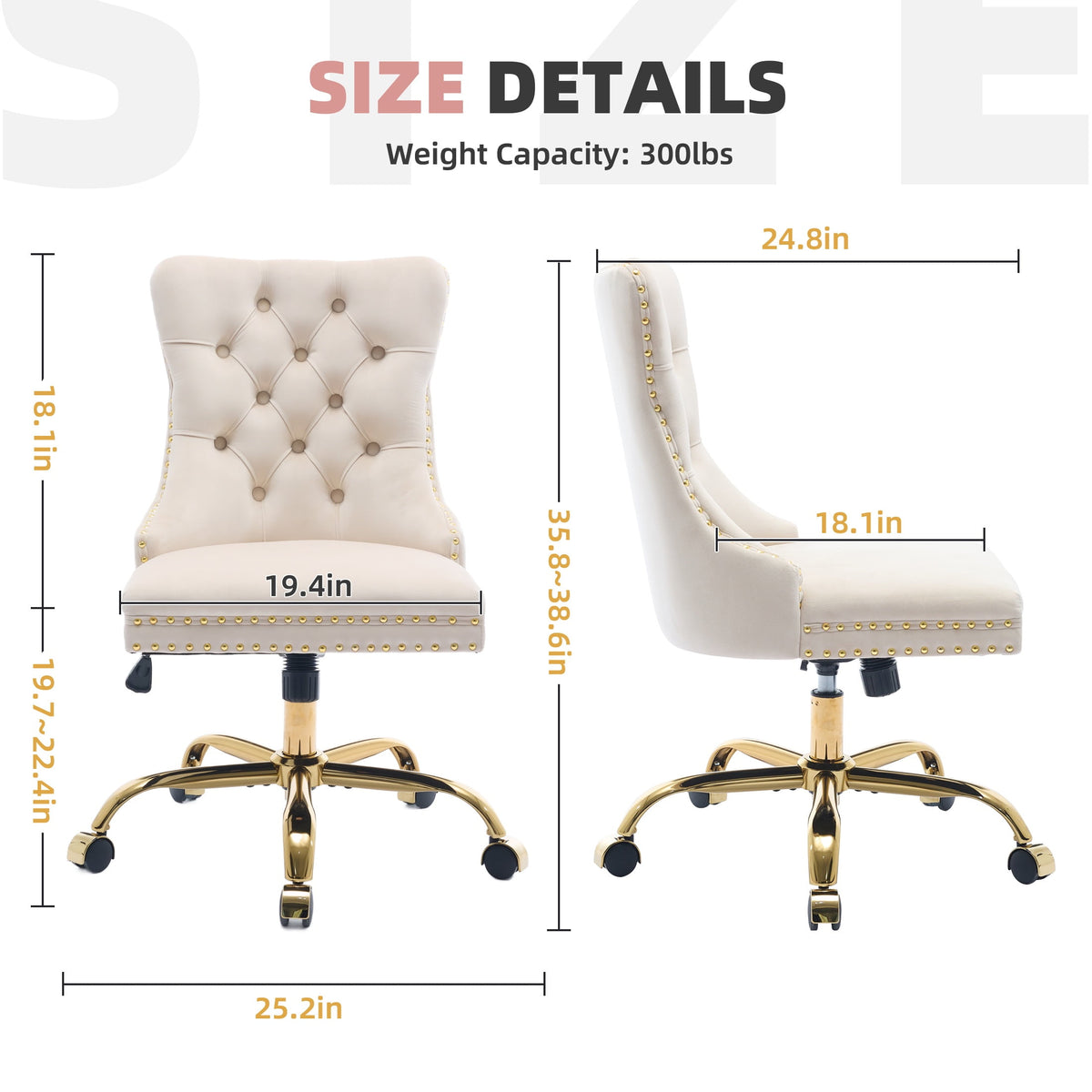 PAPROOS Vanity Chair, Swivel Home Office Chair, Ergonomic Home Desk Chair with Golden Metal Base, Adjustable Height, Velvet Upholstered Tufted Button Task Chair, Beige