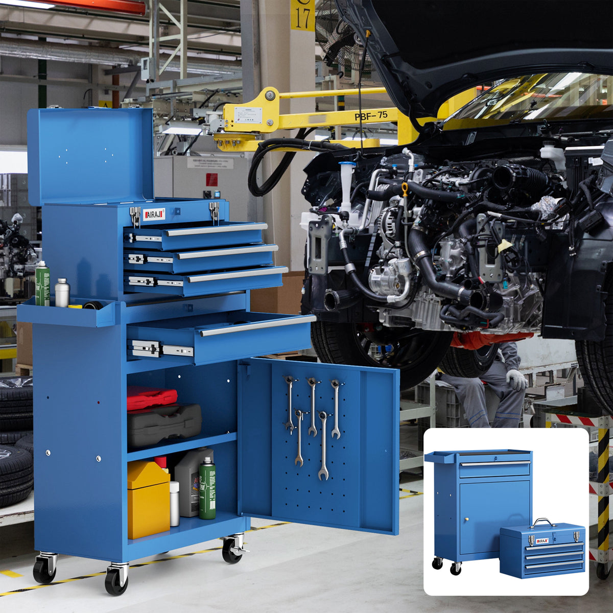 AIRAJ Blue 40" 3-Drawer Rolling Tool Chest | Single Door Metal Workshop Tool Cabinet on Wheels