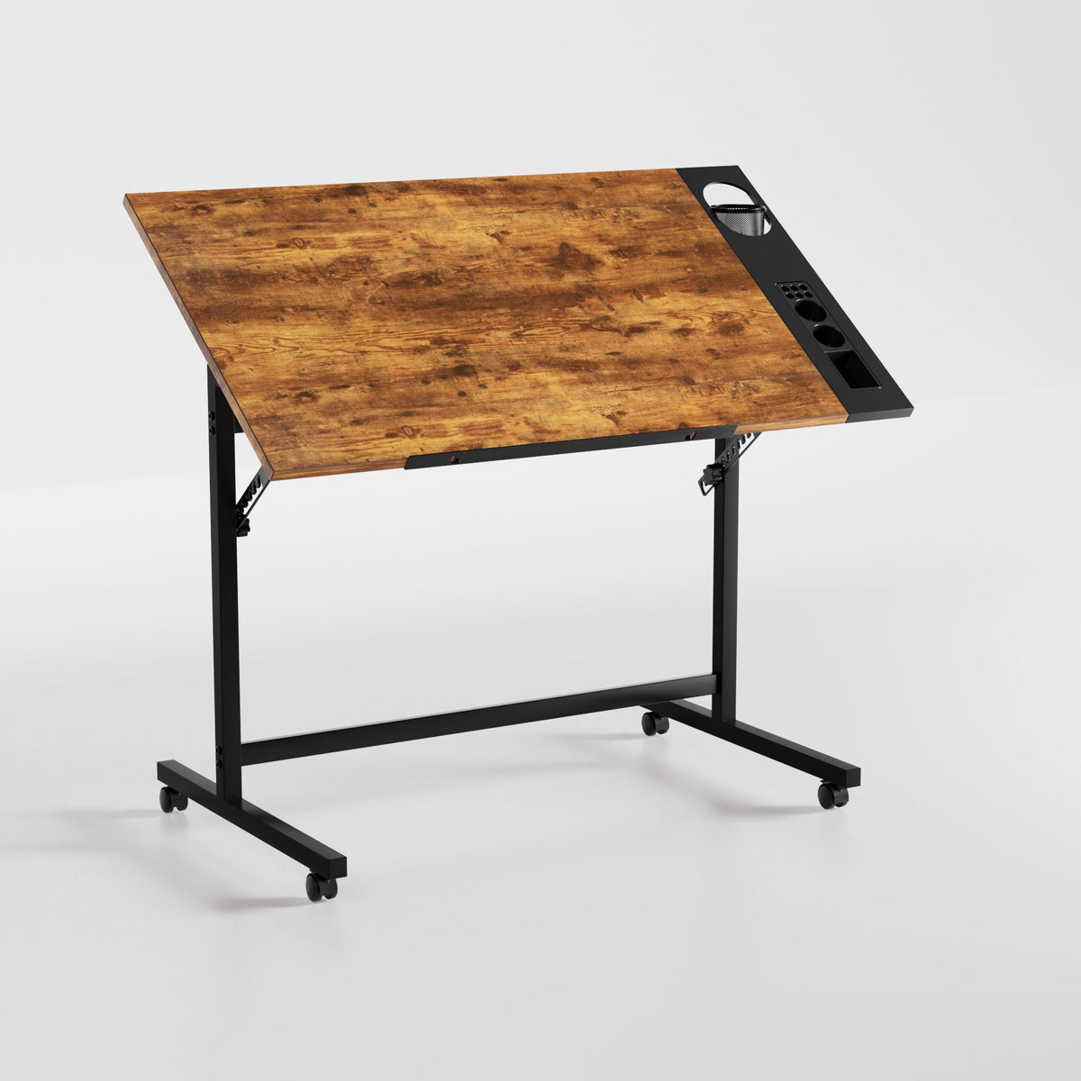 VECELO Drafting Table with Wheels, Adjustable Drawing Table Tiltable Painting Desk Workstation with Pencil Ledge for Artists, Brown