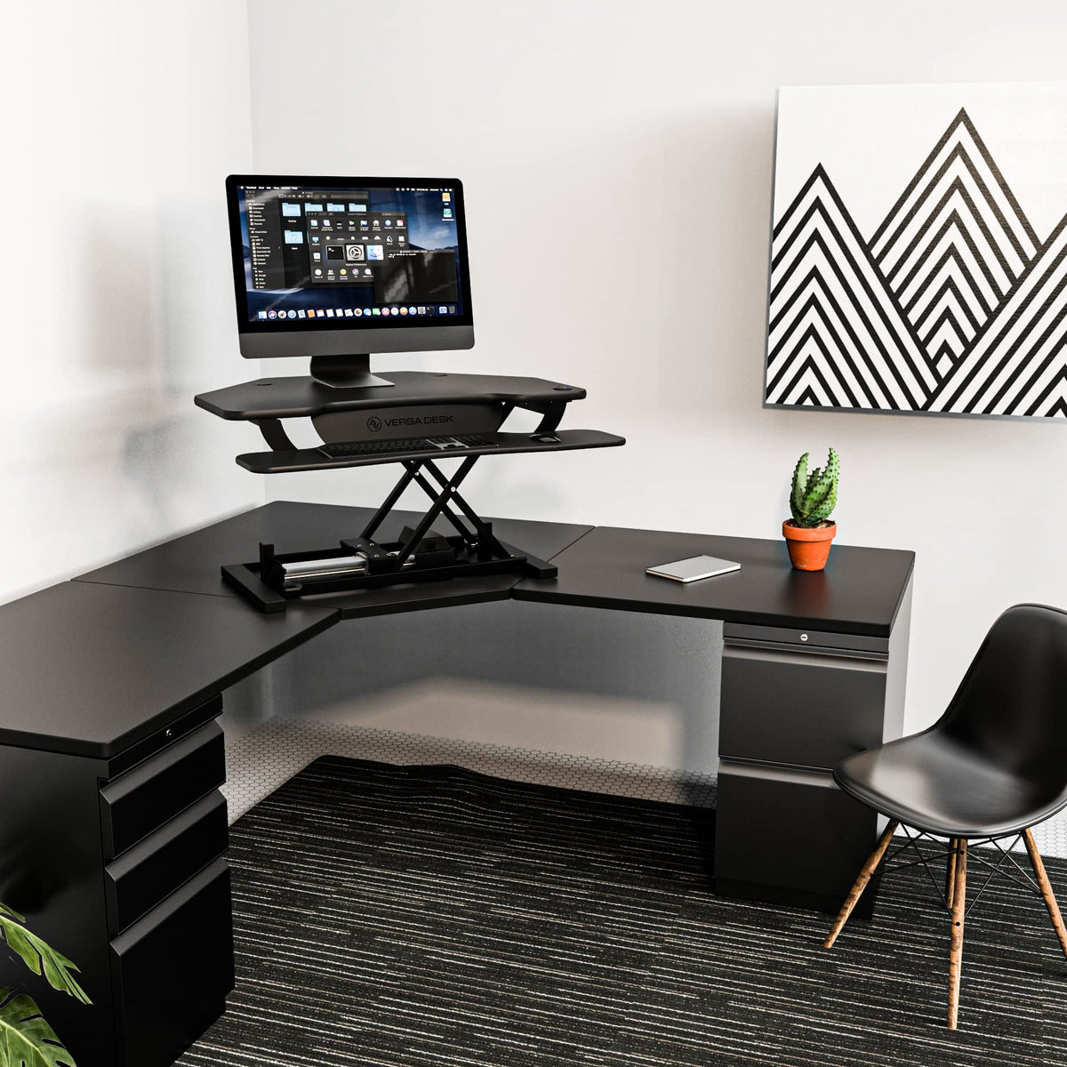 VersaDesk PowerPro Smart Corner Electric Standing Desk Converter - Steel & MDF, 2-Tier Sit-Stand, Programmable Height | Black, 36