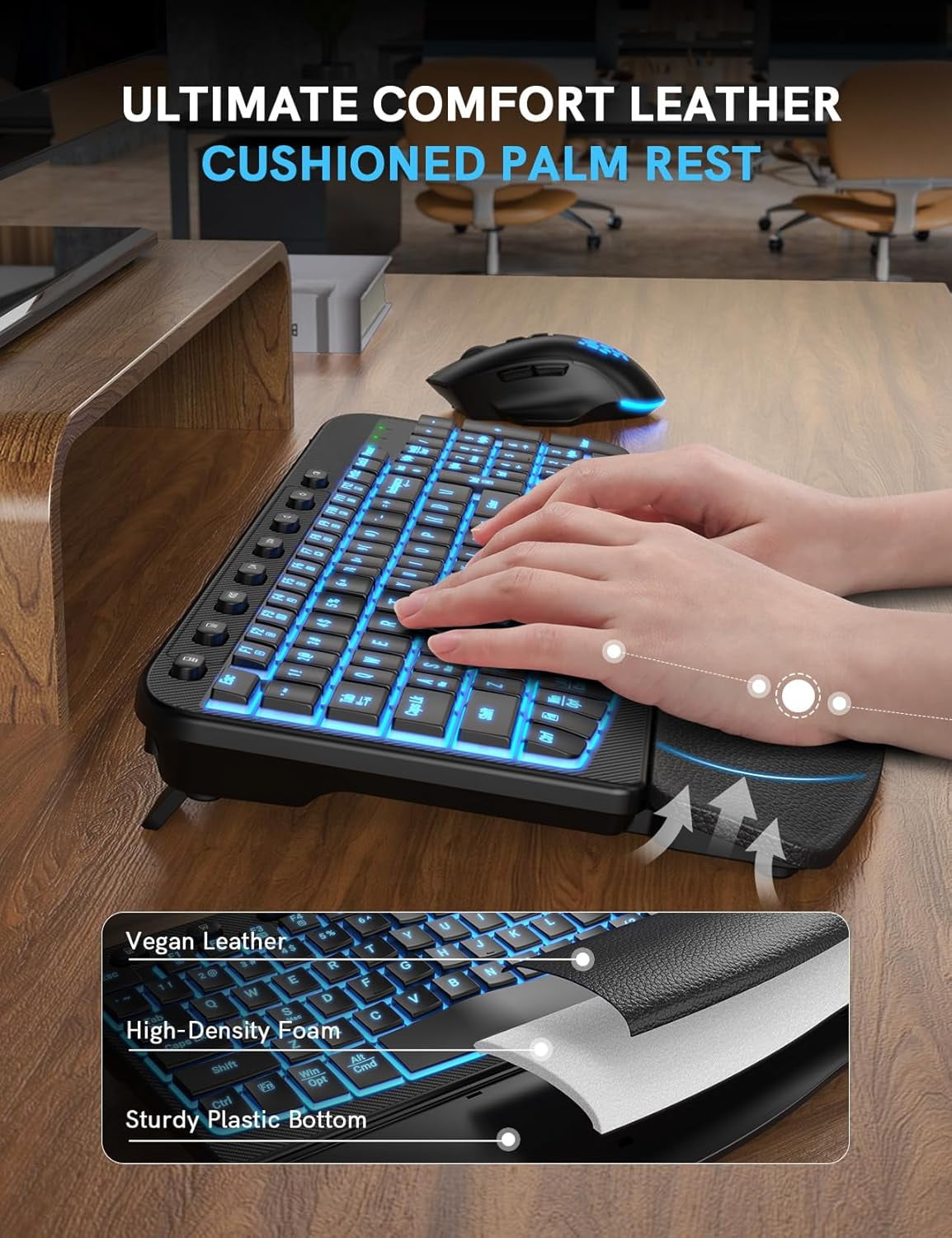Wireless Keyboard and Mouse Combo - Ergonomic Wave Rechargeable Keyboard with Soft Leather Wrist Rest, RGB Backlit -Black