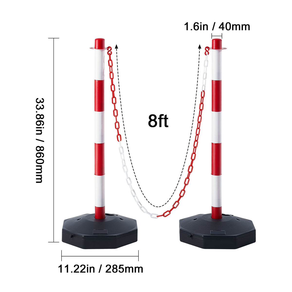 KFFKFF Movable Traffic Guide Post Cones, Set of 4, Safety Traffic Barrier with Loadable Base and 8FT Chain, Suitable for Traffic Regulation, Parking Area, Construction Warning, Roadway Caution