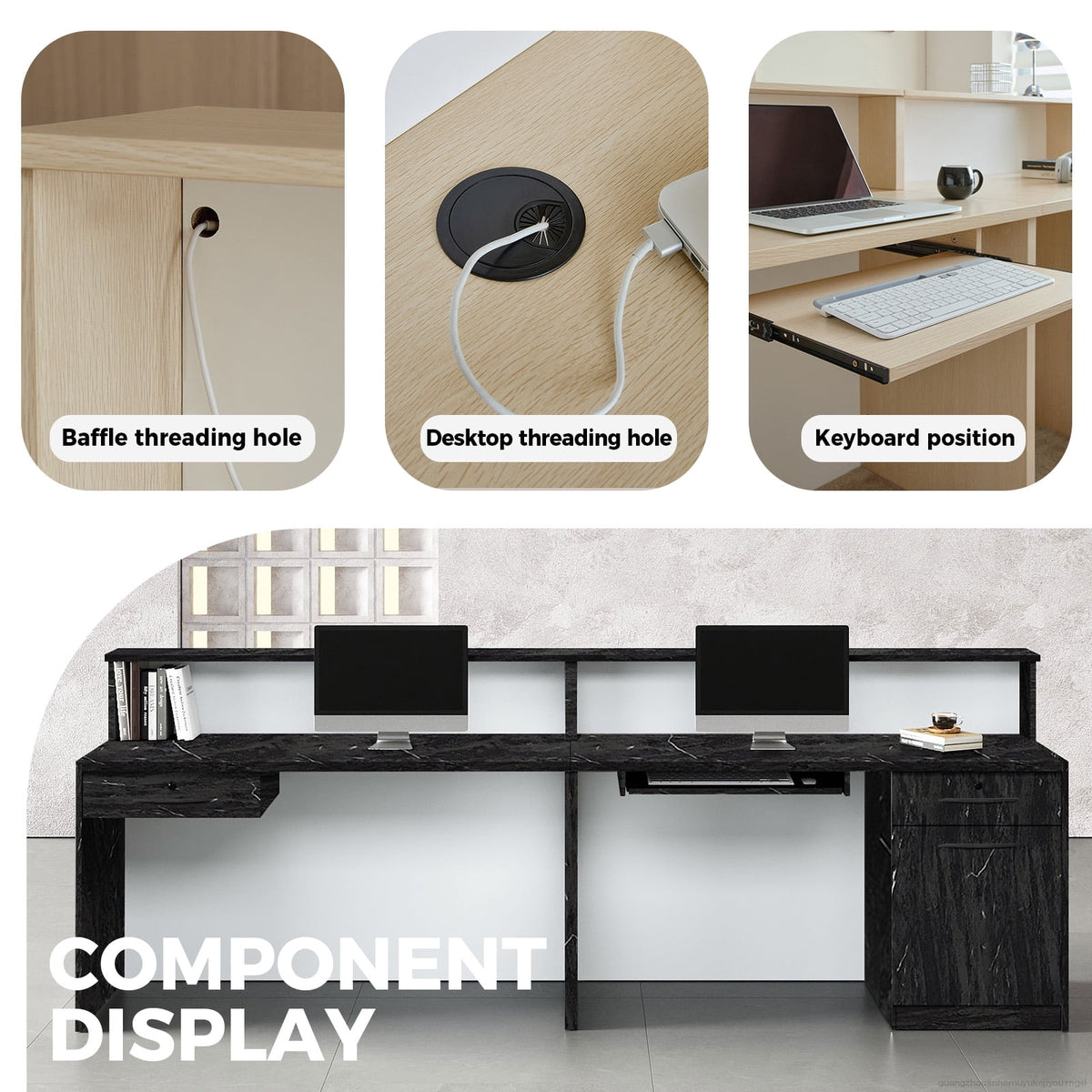 Modern Ergonomic Reception Desk With LED Lighting（Black Grain & White; 71"L x 24"W x 39"H）