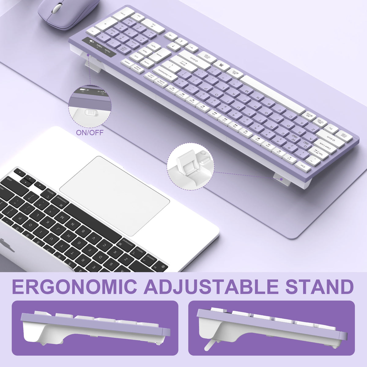 RECCAZR Wireless Keyboard and Mouse Combo , 2.4G Full Size, 12 Multimedia and Shortcut Keys, 3-Year Battery Life, for Windows, Mac OS Desktop/Laptop/PC(Purple)