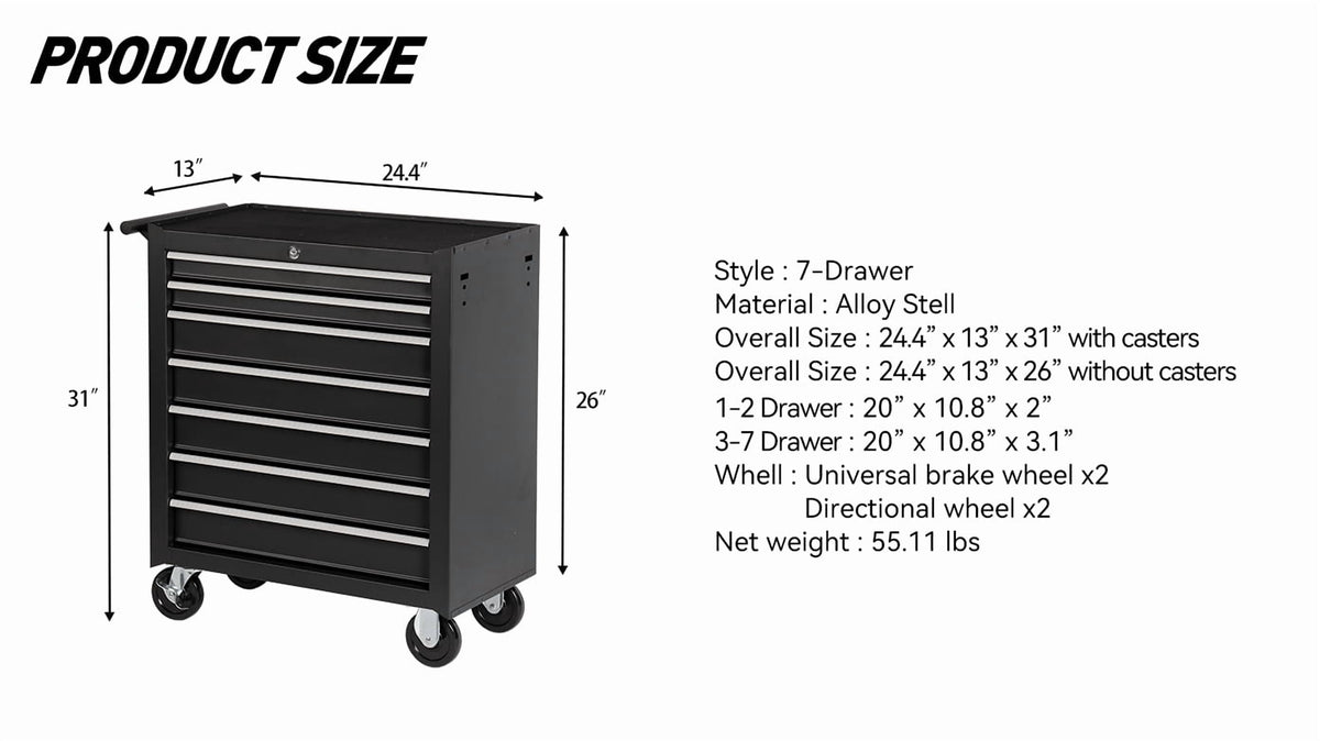 Rolling Tool Chest with 7-Drawer Tool Box with Wheels Multifunctional Tool Cart Storage Cabinet for Garage Black