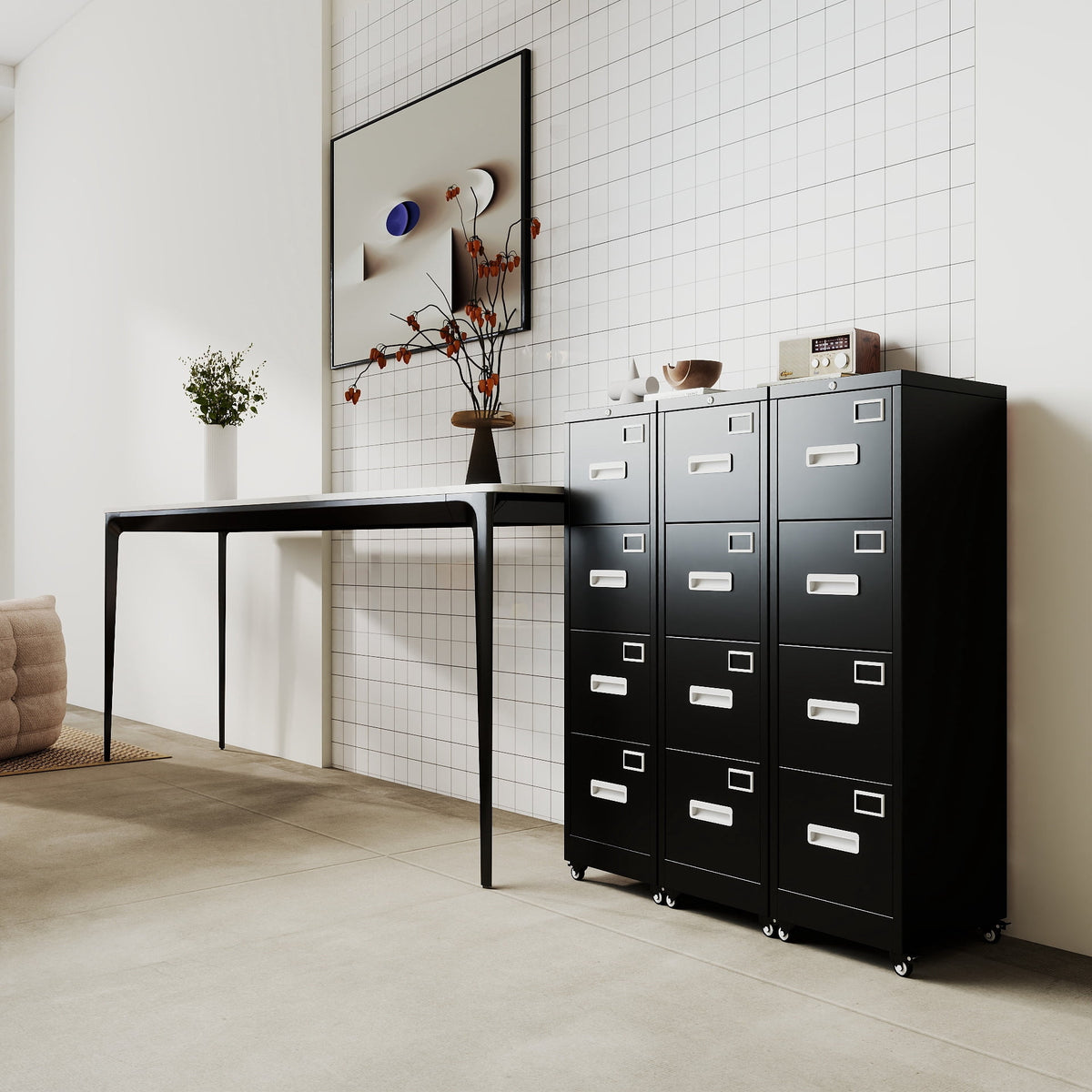 SUPEER 56"H 4 Drawer File Cabinets with Wheels, Metal Vertical File Storage Cabinet for Office Home, A4 Letter /Legal Size, , Assembly Required (Black）