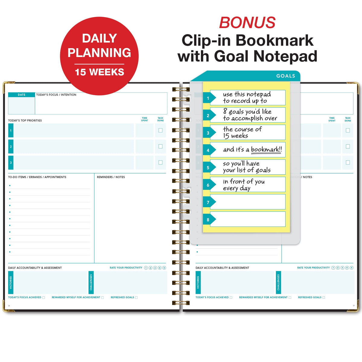 Global Printed Products Productivity Planner with Bookmark and Notepad - Spiral Notebook for Daily Planning - 8.5" x 11" (Brown) - GPP-0092-D
