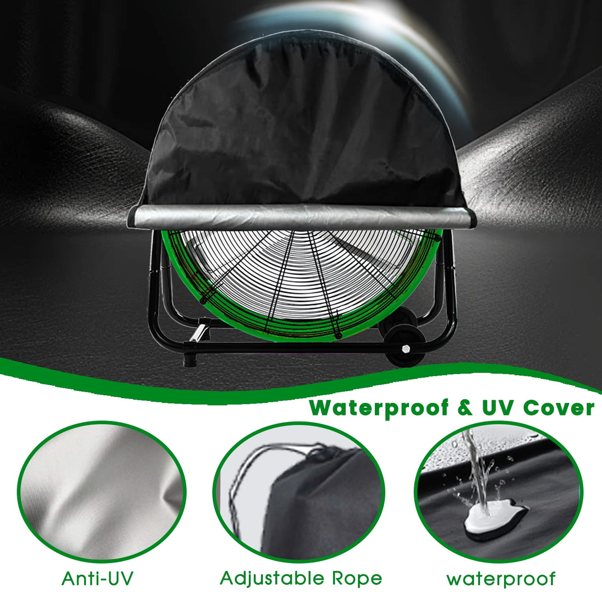 Industrial Fan 24" up to 8800 CFM, High Velocity Fan with 3 Speeds, Heavy Duty Blower Equipped Waterproof Cover, 360° Adjustment, Green