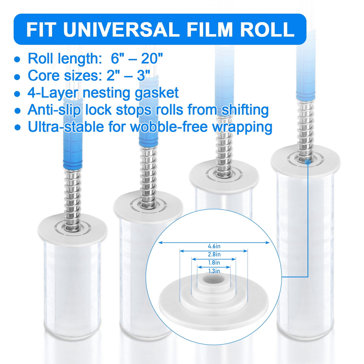 Gamexcel Stretch Wrap Dispenser with 50 in Long Handle, Pallet Wrap Film Holder for 6-20 in Rolls and 2-3 in Cores, No-Bend Stretch Film Pole, Blue