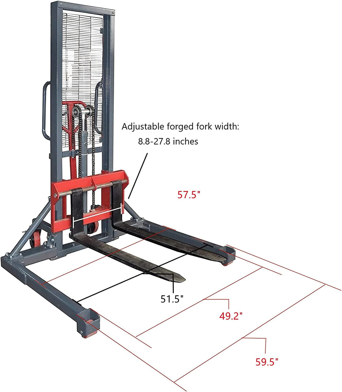 Pake Handling Tools Long Fork Manual Pallet Stacker Hand/Foot Pump Lift Truck Hydraulic Lift with Adjustable Fork and Straddle Legs, 2200 lbs Capacity, Lift Height 63", Fork 45.27" L, Leg 49.2" W