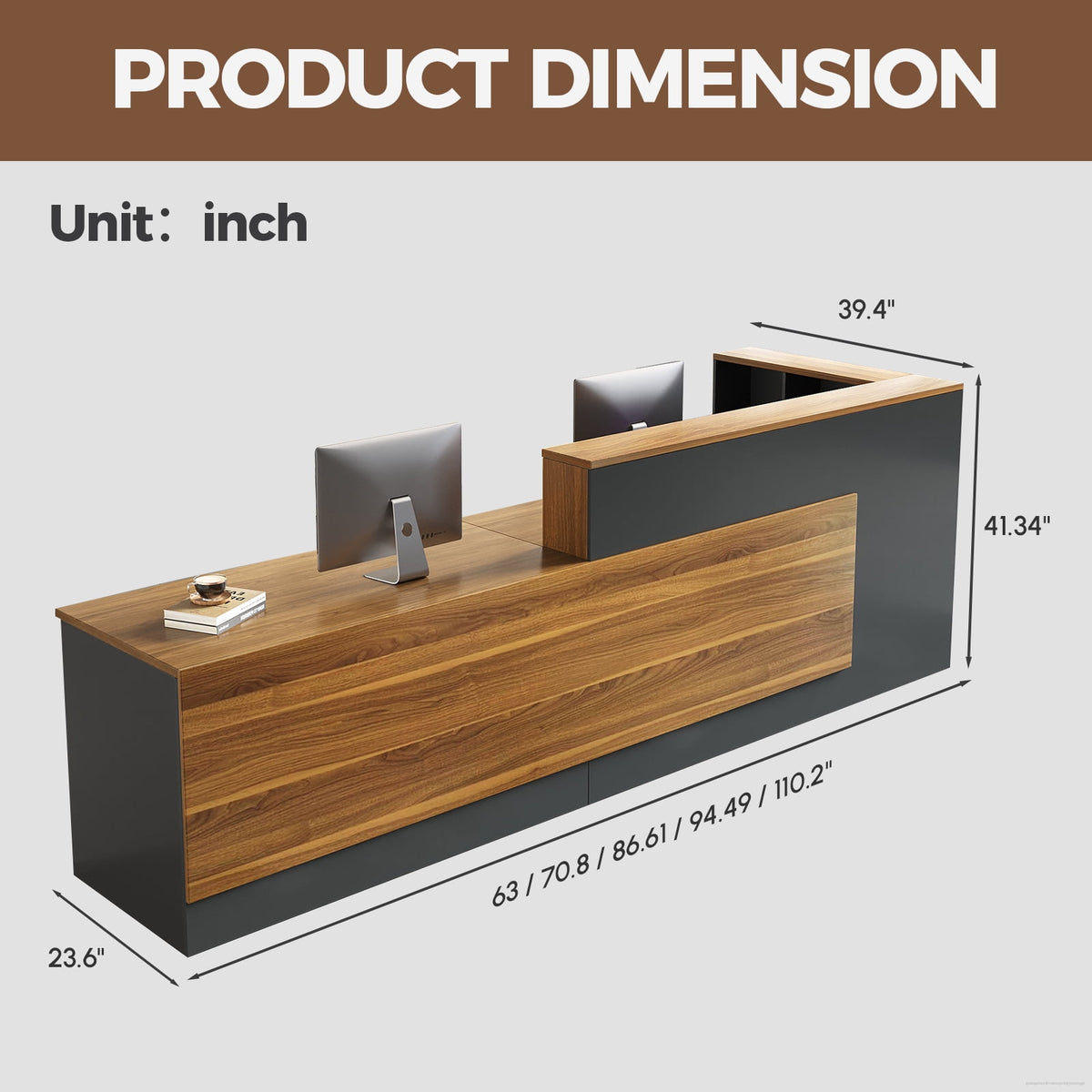 L-Shaped Reception Desk with Lockable Drawers and Storage Shelves, Multi-Functional Computer Desk for Office (Left Hand L-Shaped; Walnut & Iron Gray; 87"Lx 24"W x 41"H)