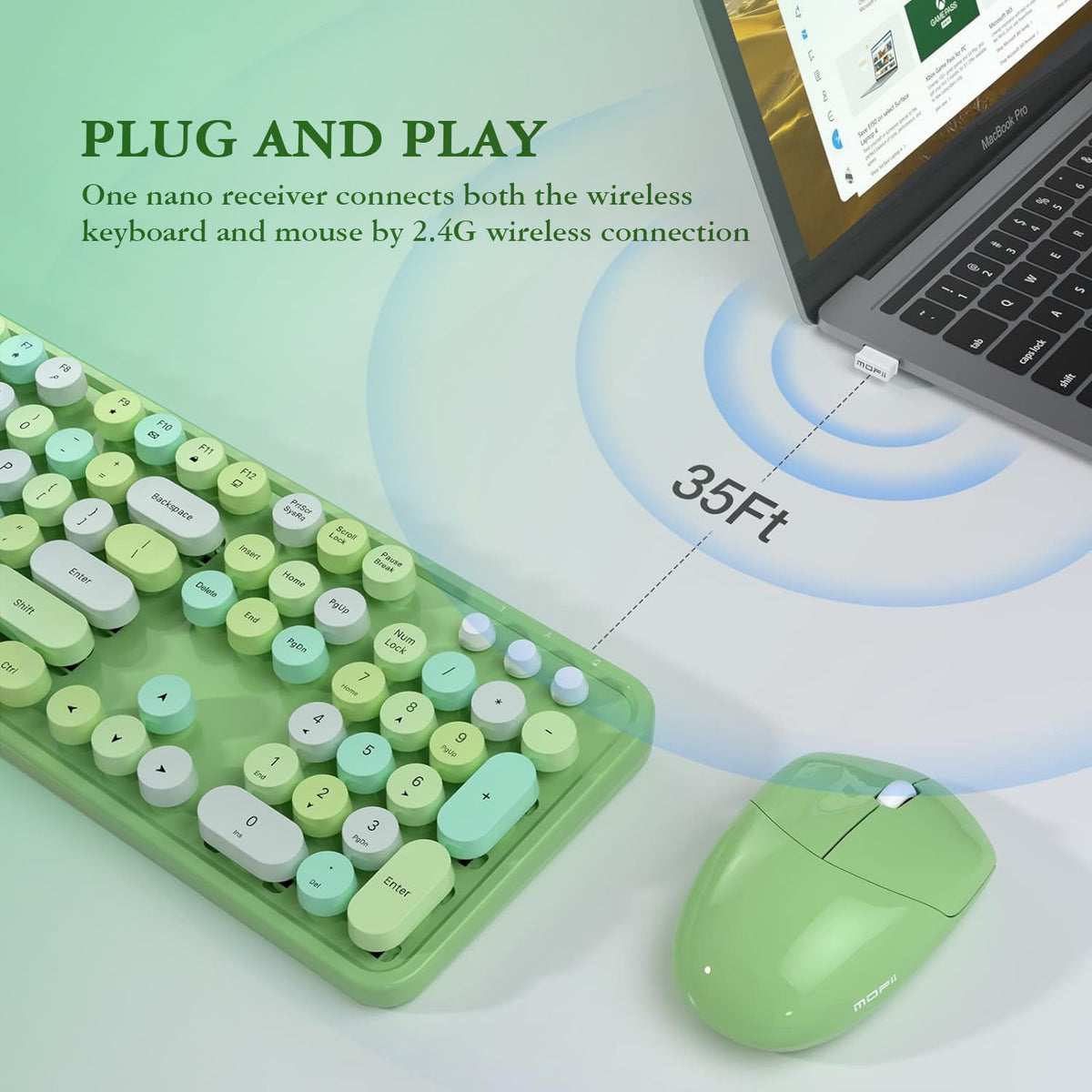 MOFII Wireless Keyboard and Mouse Combo 2.4GHz Retro Full-Size Keyboard with Number Pad and Cute Wireless Mouse for PC Desktop Laptop Mac Windows (Green)