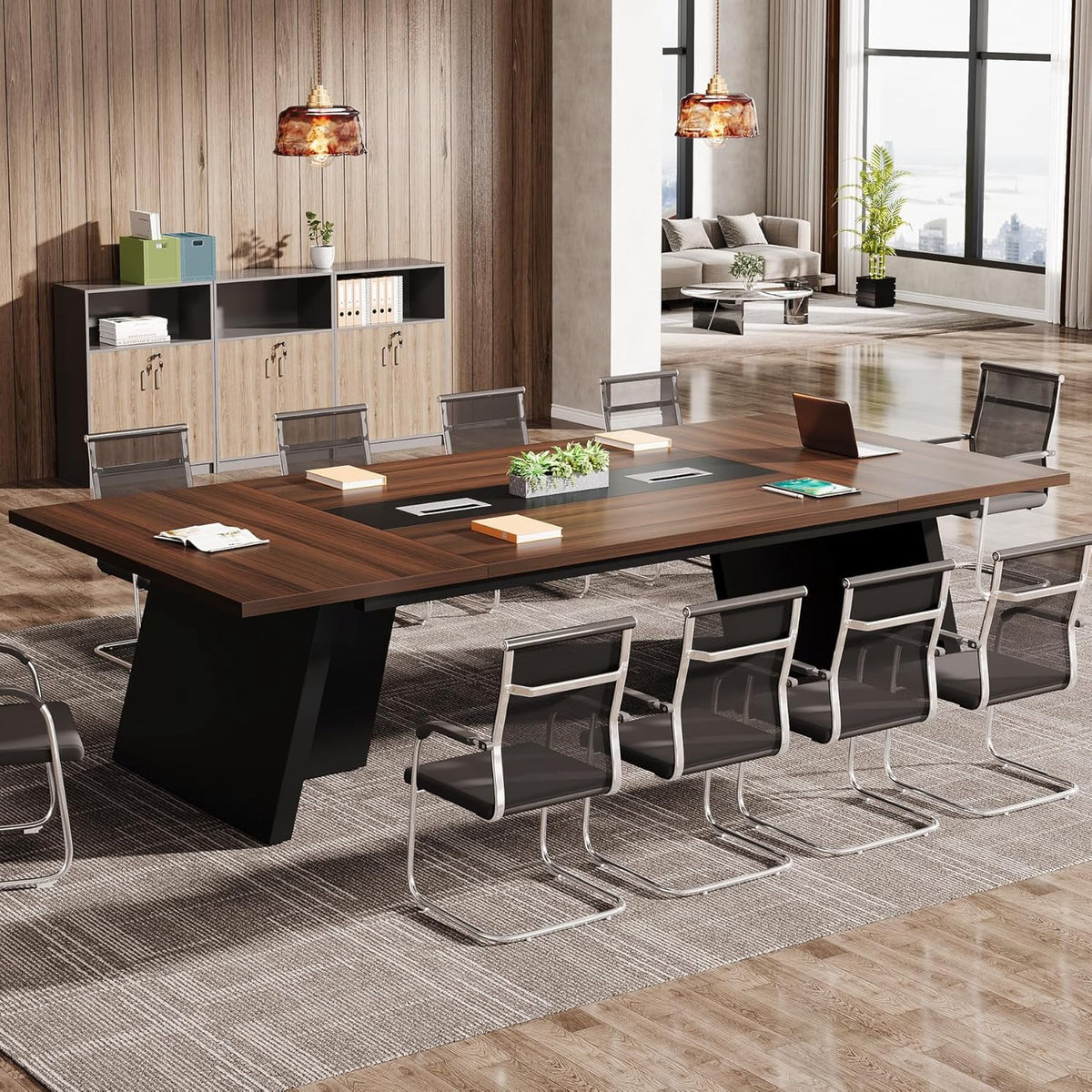 Tribesigns 8ft Conference Room Table, Modern Meeting Desk with Cable Management, Large Conference Table Business Seminar Furniture for Boardroom, Walnut and Black, 1PC