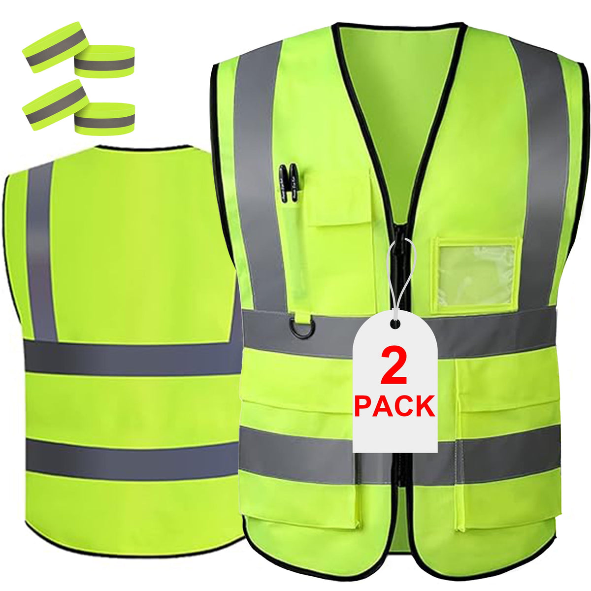 cyrico 2 Pack Safety Vests with Reflective Strips and 4 Reflective Arm Bands, High Visibility Zipper Front Vests for Men and Women, Suitable for Running, Cycling, Walking, Outdoor Activities