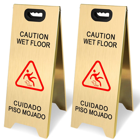 2 Pack Stainless Steel Wet Floor Sign, 24 Inch Caution Sign Portable Foldable Bilingual Safety Warning for Hotel Market Restroom Restaurant Office (Gold)