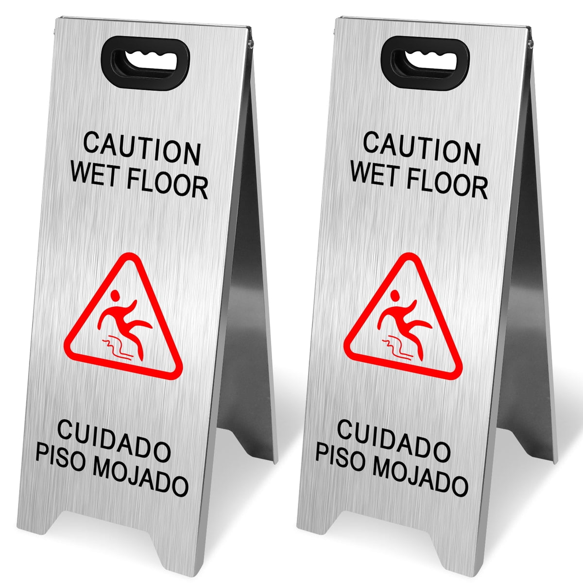2 Pack Stainless Steel Wet Floor Sign, 24 Inch Caution Wet Floor Sign Portable Foldable Bilingual Safety Warning for Hotel Market Restroom Restaurant Office (Silver)