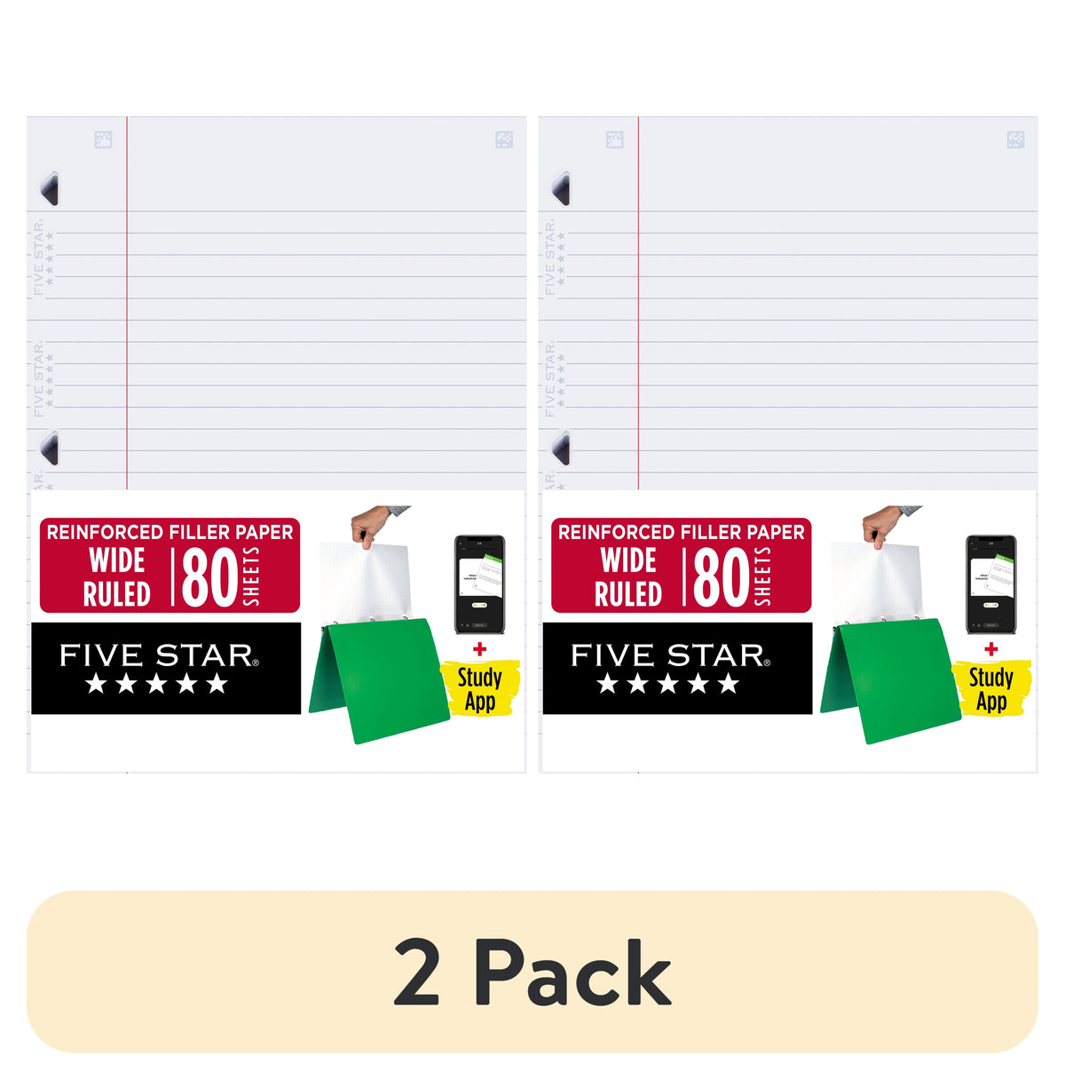 Five Star Reinforced Filler Paper Plus Study App, Wide Ruled, 8" x 10.5", 80 Sheets/Pack