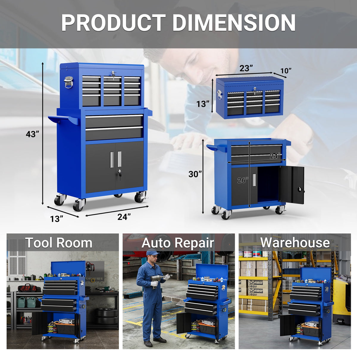 2-IN-1 Rolling Tool Chest Storage Box, Upgrade Steel Tool Box Hidden Desing, Detachable Tool Storage On Wheels W/Sliding Drawers for Workshop Garage Studio, Blue