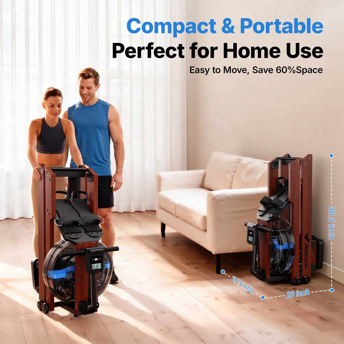 MERACH Water Rowing Machines for Home, Foldable Row Machine with 400LBS Weight Capacity, Dedicated Monitor and Comfortable Seat, Free MERACH App for Immersive Water Rower