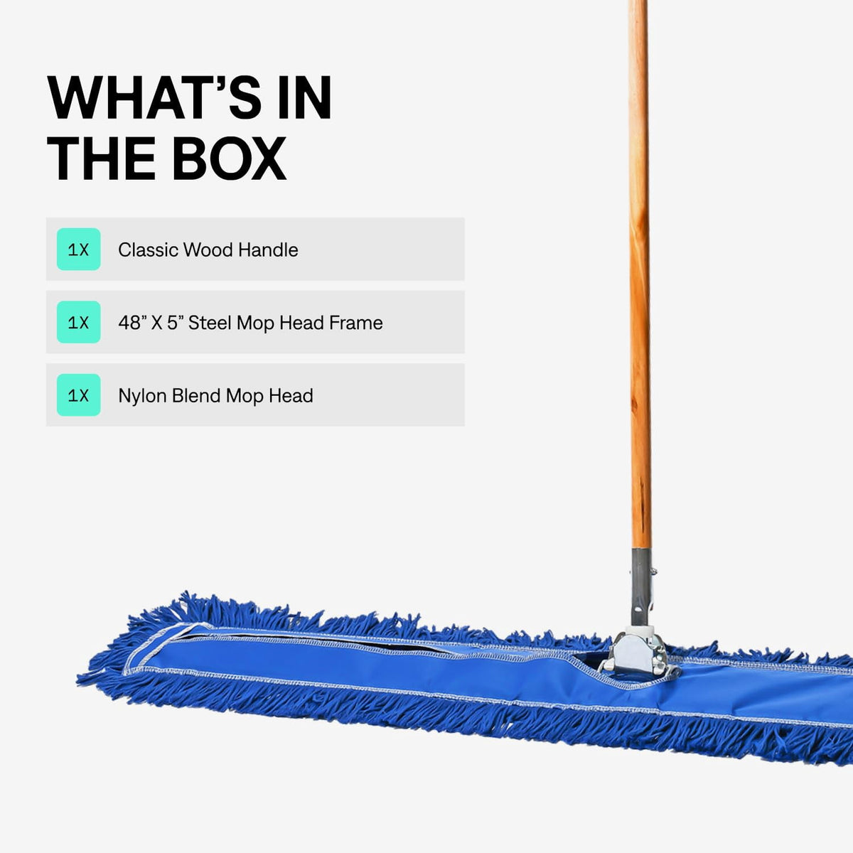 Industrial Dry Mop with 48 in Reusable Mop Head and Wooden Handle for Hardwood Floors Blue