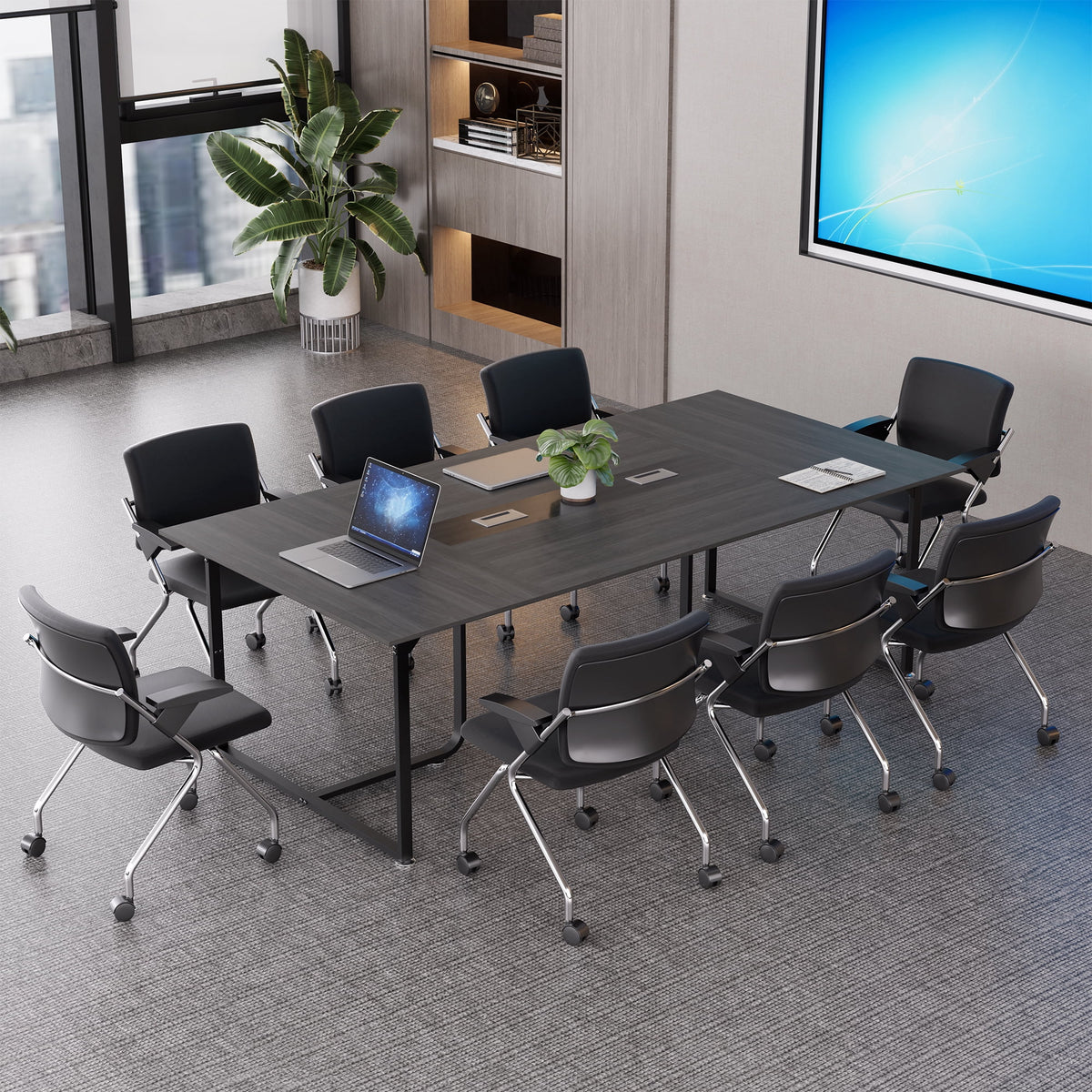 Haooyeah Conference Table 94.4" x 47.2", Large Meeting Desk, Flip-Top Cable Management Box, Double Reinforced Frame, Triangular Support Base, Adjustable Foot Pads, Gray