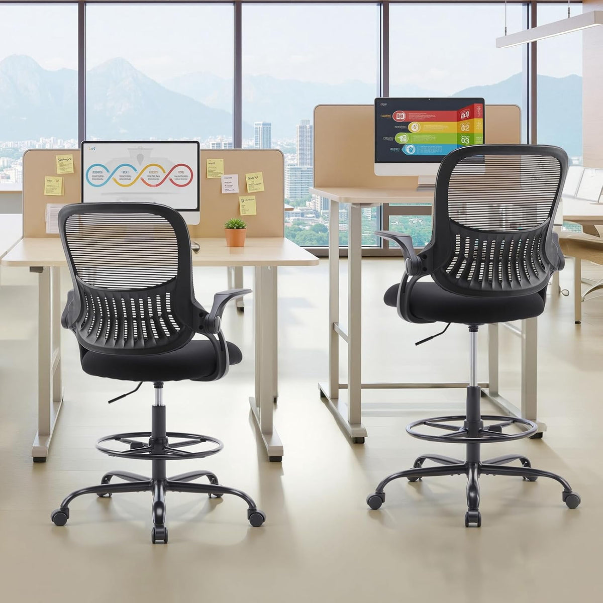 Nextay Tall Drafting Chair - Ergonomic Office Stool with Flip-Up Arms, Footrest & Lumbar Support