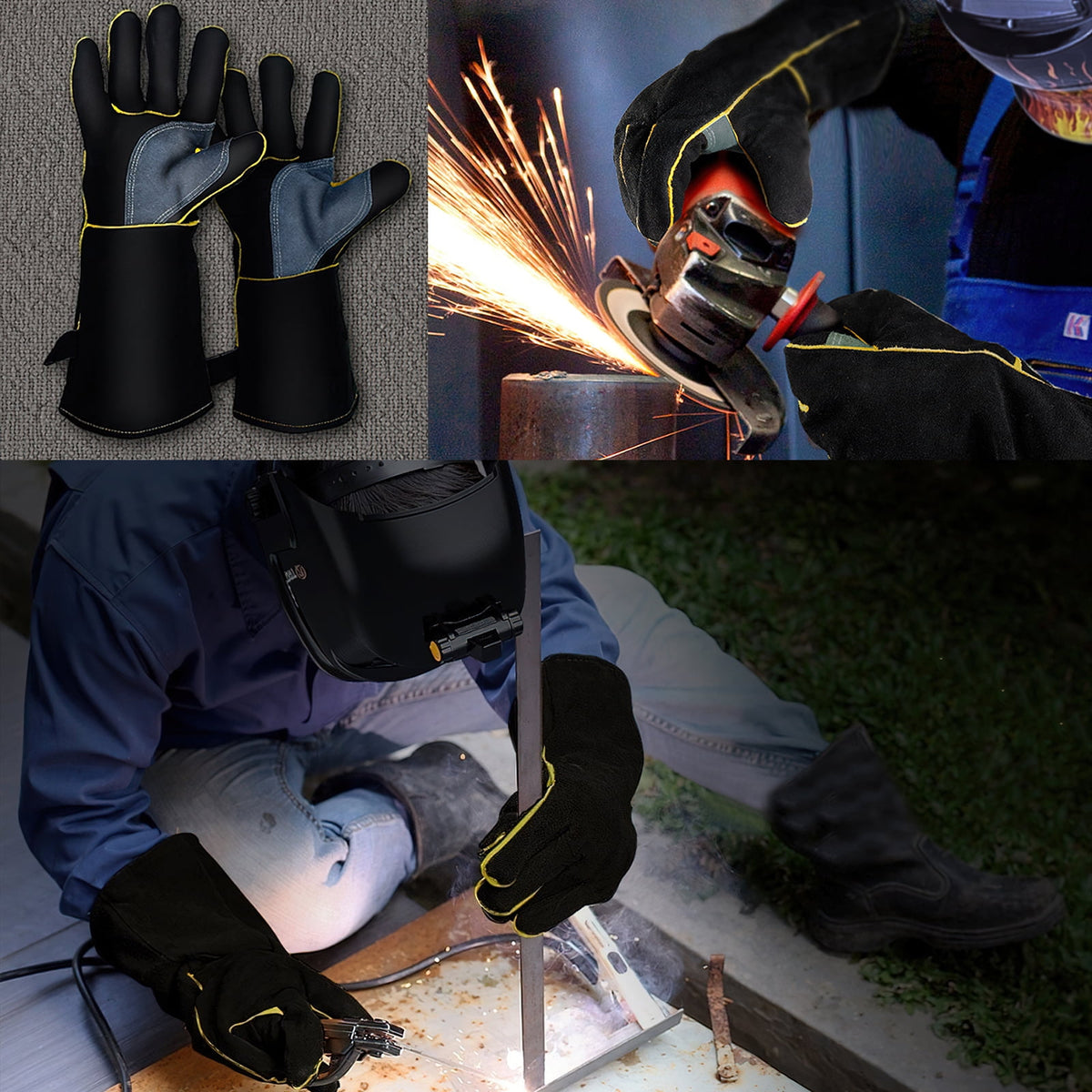 16 inch Leather Welding Gloves, Large Black Fireproof and Heat Resistant Work Gloves
