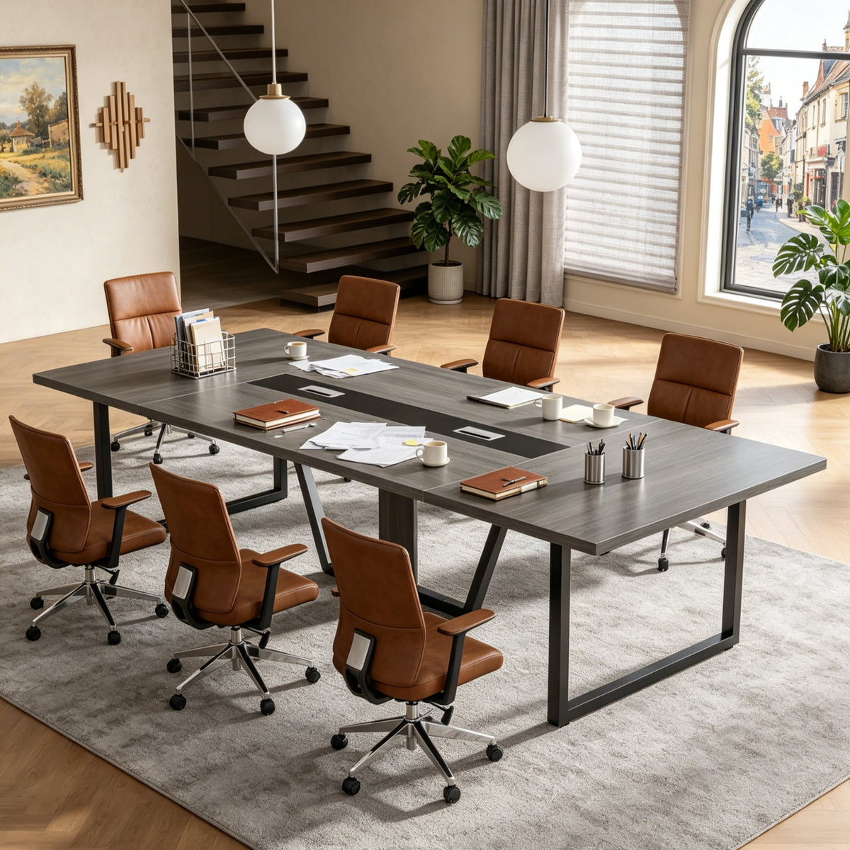 Fnova 94"Large Conference Table for 8-10 People, Modern Executive Meeting Table with Cable Management & Adjustable Feet, Heavy-Duty Office Conference Desk for Boardroom, Training Room