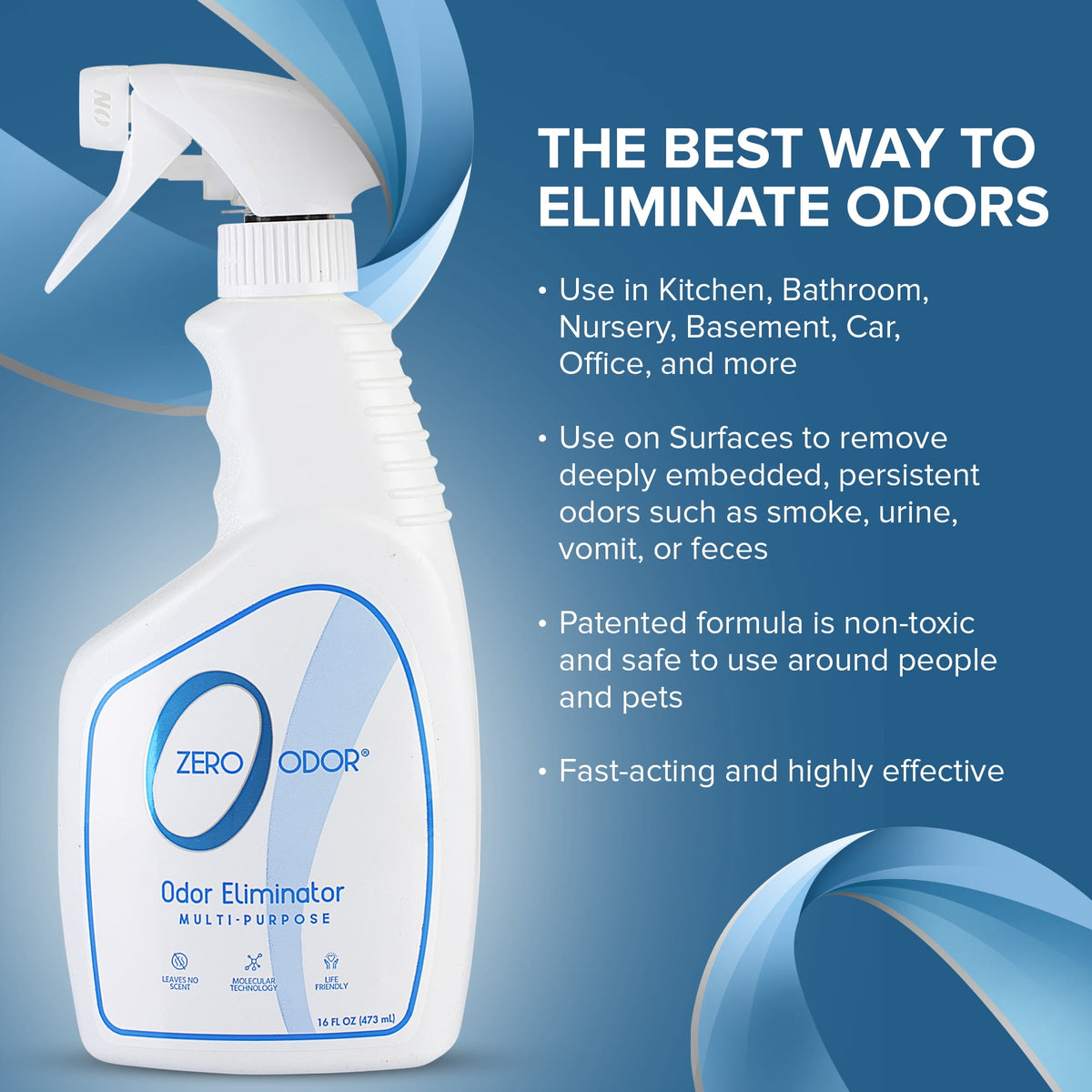 Zero Odor Molecular Odor Eliminator Spray Multi-Purpose Air & Surface Deodorizer Smell Remover 16 oz