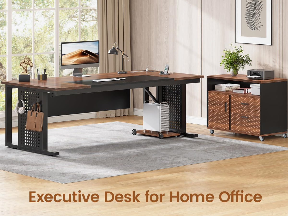 SEDETA 71" Executive Desk with Rolling File Cabinet, Large Office Desk with Drawers, L Shaped Computer Desk with Power Outlets, CPU Stand, Pegboard and Storage Shelves, Walnut