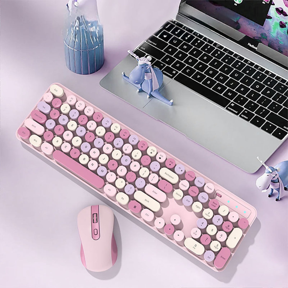 105 Keys Wireless Keyboard and Mouse Set, 2.4G Ergonomic Retro Round Keycaps, Silent Click, 6-Button Mouse, 3-Level DPI, Foldable Stand, Non-Slip, for PC/Laptop