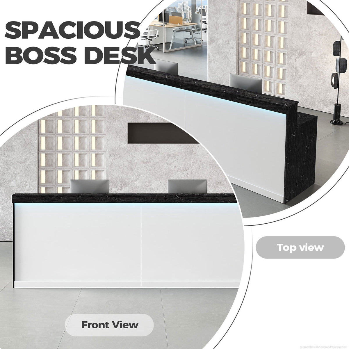 Modern Ergonomic Reception Desk With LED Lighting（Black Grain & White; 71"L x 24"W x 39"H）
