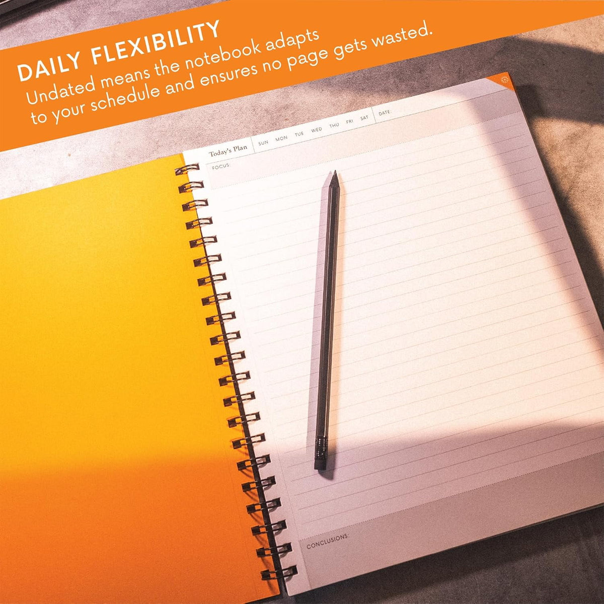 Notsu Undated Daily Planner Notebook | Minimalist Productivity Planner with To Do List, Agenda, Dot Grid, Lined, Notes sections. 160 Pages, Thick Paper 120 gsm, 8.5 x 11 inches, Premium Black Vegan