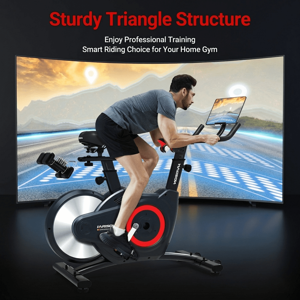 HARISON Semi-Commercial Magnetic Exercise Bike with 400LBS Capacity, Indoor Cycling Bike with Bluetooth, Tablet Holder & Dumbbell Rack for Home Gym