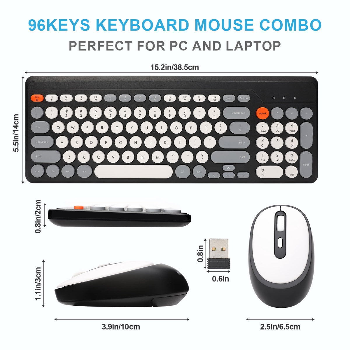 HUO JI Wireless Keyboard and Mouse Combos,USB 2.4GHz Receiver Plug and Play, Mixed Color Round Keycaps Retro Office Keyboards, for Windows, Mac, PC, Laptop, Desktop.(Black Grey)